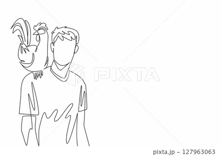 Single continuous line drawing rooster perched on shoulder of man in casual clothes. The proud chicken that always praised. International Respect for Chickens Day. One line design vector illustration 127963063
