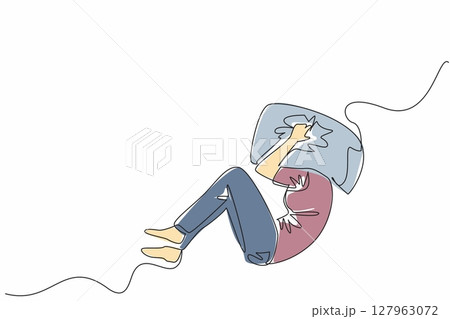 Continuous one line drawing woman lying curled up on the bed with head covered by pillow. Stress. Want to scream out loud. National Anxiety Screening Day. Single line draw design vector illustration 127963072
