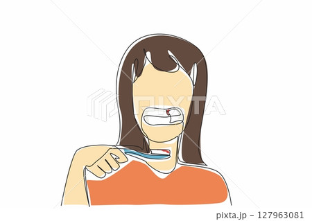 Continuous one line drawing woman opens mouth and shows teeth with bleeding gums and toothbrush. Infection. Gingivitis. International Scurvy Awareness Day. Single line draw design vector illustration Continuous one line drawing woman opens mouth and shows teeth with bleeding gums and toothbrush. Infection. Gingivitis. International Scurvy Awareness Day. Single line draw design vector illustration 127963081