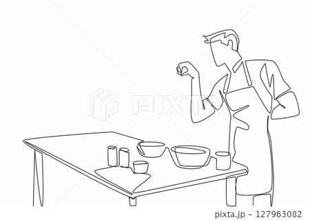 Single continuous line drawing male waiter wearing yellow apron sprinkles spices into the pan. Styled like a famous chef. Cook with joy. School Lunch Hero Day. One line design vector illustration Single continuous line drawing male waiter wearing yellow apron sprinkles spices into the pan. Styled like a famous chef. Cook with joy. School Lunch Hero Day. One line design vector illustration 127963082