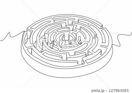 Single continuous line drawing labyrinth of circular plants. Educational playground. Learn to be patient in finding solutions. Winding garden. World Labyrinth Day. One line design vector illustration 127963083