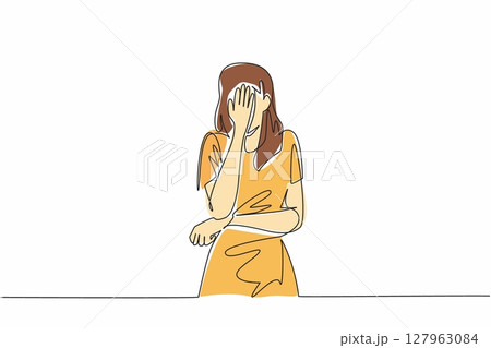 Single one line drawing woman crosses one arm in front of stomach and covers face with other hand. Depression to nausea. National Anxiety Screening Day. Continuous line design graphic illustration Single one line drawing woman crosses one arm in front of stomach and covers face with other hand. Depression to nausea. National Anxiety Screening Day. Continuous line design graphic illustration 127963084