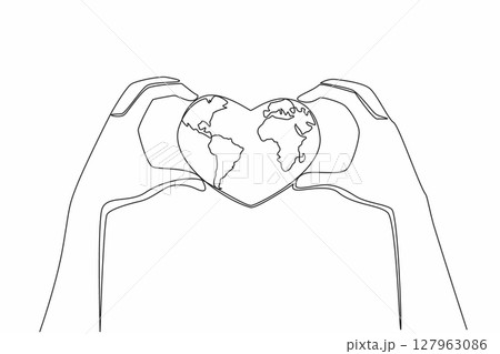 Single one line drawing 2 hands forming a heart shape and in the middle of the hands is a heart shaped globe. Loving treatment. Commitment. Global Love Day. Continuous line design graphic illustration Single one line drawing 2 hands forming a heart shape and in the middle of the hands is a heart shaped globe. Loving treatment. Commitment. Global Love Day. Continuous line design graphic illustration 127963086