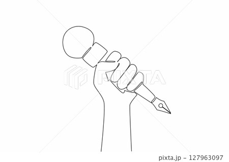 Continuous one line drawing hand holding a microphone with a pen underneath. Symbolization. Recording sound or taking notes. Media. World Press Freedom Day. Single line draw design vector illustration 127963097