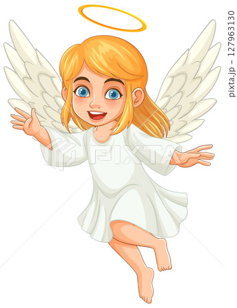 Cheerful Cartoon Angel with Golden Hair and Halo Cheerful Cartoon Angel with Golden Hair and Halo 127963130