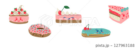 Cute Sweet Dessert with Smiling Face Vector Set 127963188