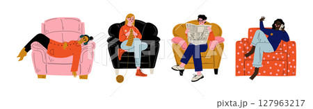 People Sit in Armchair at Home Doing Different Activity Vector Set 127963217