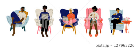 People Sit in Armchair at Home Doing Different Activity Vector Set People Sit in Armchair at Home Doing Different Activity Vector Set 127963226