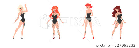 Tattooed or Inked Woman Character in Standing Pose Vector Set Tattooed or Inked Woman Character in Standing Pose Vector Set 127963232