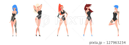 Tattooed or Inked Woman Character in Standing Pose Vector Set Tattooed or Inked Woman Character in Standing Pose Vector Set 127963234