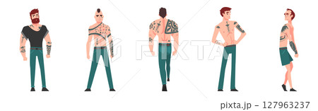 Tattooed or Inked Man Character in Standing Pose Vector Set 127963237