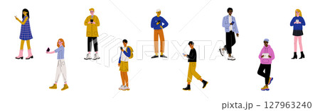 Young Man and Woman with Smartphone Gadget Vector Set 127963240