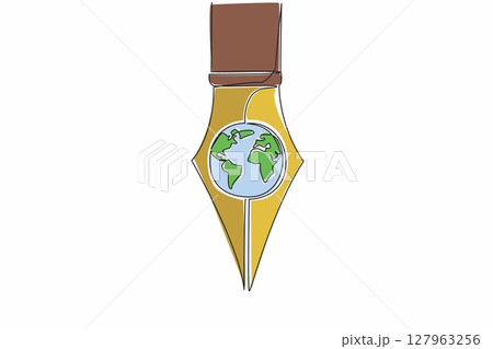 Single continuous line drawing the tip of the pen has a globe in the middle. Metaphor. Writing news to be known all over the world. Media. World Press Freedom Day. One line design vector illustration 127963256