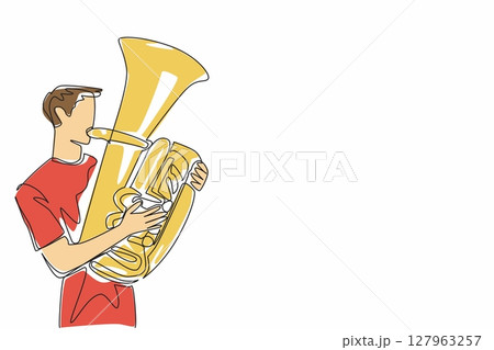 Continuous one line drawing casually dressed man playing the tuba. Producing a pleasant tone. Street musician. Modern. Harmony. Jazz. National Tuba Day. Single line draw design vector illustration 127963257