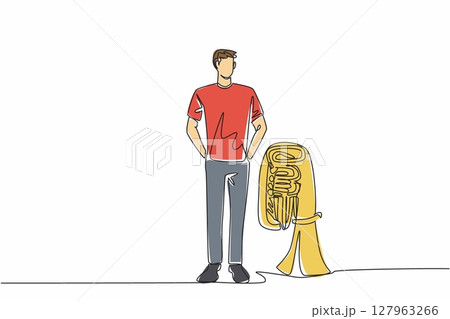 Single continuous line drawing a man in casual clothes standing next to a tuba. Preparation before entertaining the pedestrians. The musician. National Tuba Day. One line design vector illustration Single continuous line drawing a man in casual clothes standing next to a tuba. Preparation before entertaining the pedestrians. The musician. National Tuba Day. One line design vector illustration 127963266