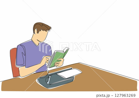 Single one line drawing man sitting holding a book and there is a typewriter with paper on it. Binding knowledge by taking notes. Writer. Wordsmith Day. Continuous line design graphic illustration 127963269