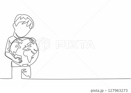 Single continuous line drawing the boy hugging globe. A symbol of keeping tightly. Not making air pollution. Protecting the earth from damage. Care. World Give Day. One line design vector illustration Single continuous line drawing the boy hugging globe. A symbol of keeping tightly. Not making air pollution. Protecting the earth from damage. Care. World Give Day. One line design vector illustration 127963273