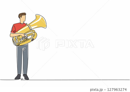 Single one line drawing man in casual clothes holding a tuba. Amazing performance. Finished practice. Ready for solo concert. Musician. National Tuba Day. Continuous line design graphic illustration Single one line drawing man in casual clothes holding a tuba. Amazing performance. Finished practice. Ready for solo concert. Musician. National Tuba Day. Continuous line design graphic illustration 127963274