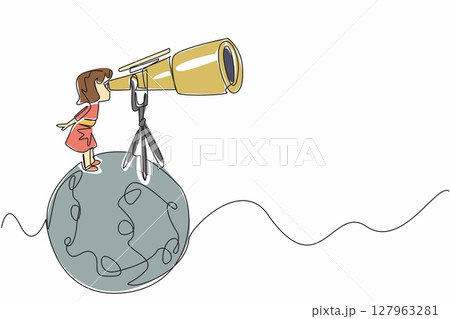 Continuous one line drawing little girl looking through giant telescope at the moon. Star cluster observer. Comet. Little scientist. National Space Day. Single line draw design vector illustration 127963281