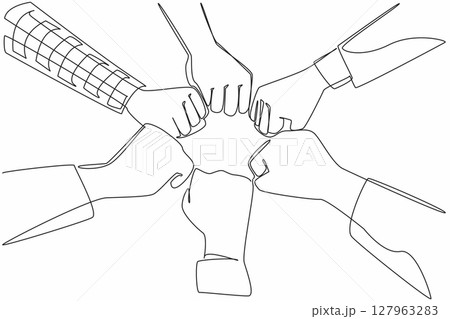 Single one line drawing 6 hands with different sleeve styles, clenching their fists together. Reaching consensus. Uniting spirit. Teamwork. Join Hands Day. Continuous line design graphic illustration 127963283