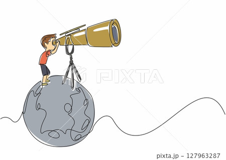 Single one line drawing boy looking through giant telescope at the moon. Studying the knowledge that exists in outer space. Scientist. National Space Day. Continuous line design graphic illustration 127963287