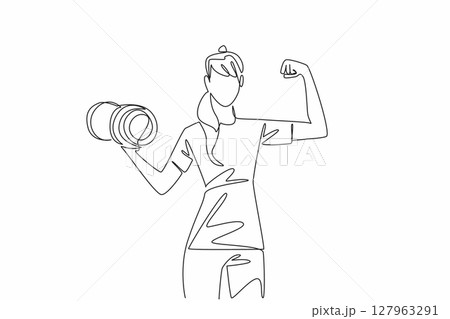 Single continuous line drawing a young woman poses while lifting dumbbell. As if there were muscles. Encouraging to be more active in sports. National Fitness Day. One line design vector illustration 127963291