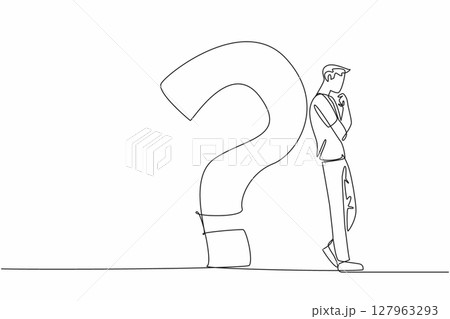 Single continuous line drawing man in casual clothes leaning his back against big question mark. Find the best solution. Get out of trouble. National Day of Reason. One line design vector illustration Single continuous line drawing man in casual clothes leaning his back against big question mark. Find the best solution. Get out of trouble. National Day of Reason. One line design vector illustration 127963293