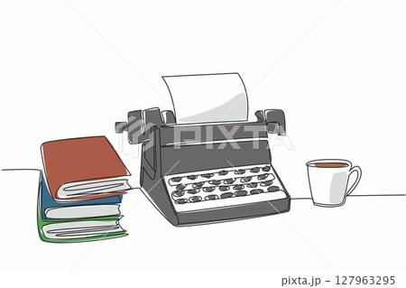 Single continuous line drawing a typewriter with paper and a mug and a pile of books. Books as good inspiration for useful writing. Expert writer. Wordsmith Day. One line design vector illustration Single continuous line drawing a typewriter with paper and a mug and a pile of books. Books as good inspiration for useful writing. Expert writer. Wordsmith Day. One line design vector illustration 127963295