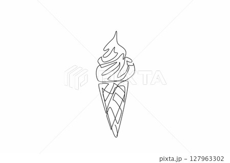 Single one line drawing vanilla ice cream cone topped with melted chocolate. Enjoy in the park. On the beach. In the summer. National Chocolate Custard Day. Continuous line design graphic illustration 127963302