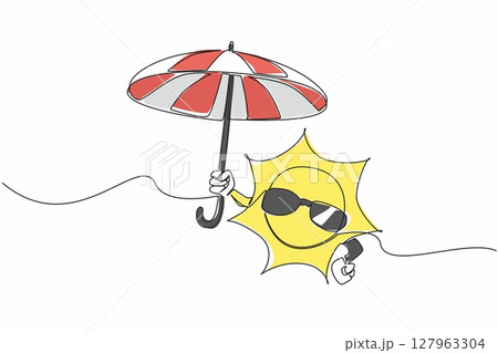 Single continuous line drawing sun wearing sunglasses holding big umbrella. Take a vacation to the beach, stay sheltered. Global warming. International Sun Day. One line design vector illustration Single continuous line drawing sun wearing sunglasses holding big umbrella. Take a vacation to the beach, stay sheltered. Global warming. International Sun Day. One line design vector illustration 127963304