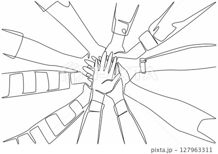 Single continuous line drawing 5 pairs of hands with various sleeve models stacked on top of each other. Collaboration between divisions. Colleague. Join Hands Day. One line design vector illustration Single continuous line drawing 5 pairs of hands with various sleeve models stacked on top of each other. Collaboration between divisions. Colleague. Join Hands Day. One line design vector illustration 127963311