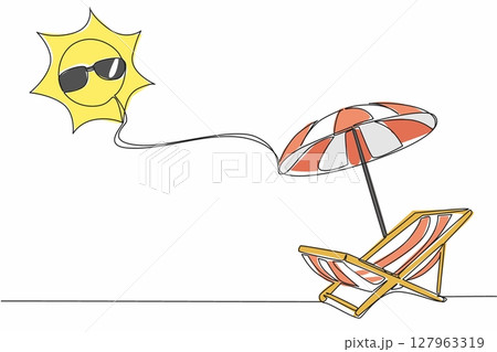 Single one line drawing beach chairs and beach umbrellas on top of which is the sun wearing sunglasses. Summer vacation. Relax. International Sun Day. Continuous line design graphic illustration 127963319