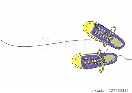 Single one line drawing a pair of sneakers from above. Trendy canvas shoes. Urban shoes. Modern lifestyle. Casual. National Two Different Colored Shoes Day. Continuous line design graphic illustration 127963332
