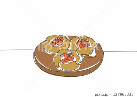 Single one line drawing 3 raspberry popovers on round wooden cutting board. Fresh from the oven. Sweet and sour refreshing. National Raspberry Popover Day. Continuous line design graphic illustration 127963333