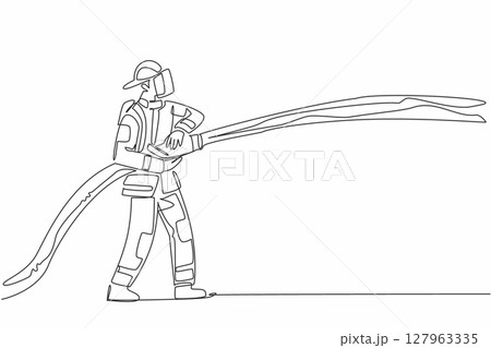 Continuous one line drawing firefighter standing holding a fire hose that sprays water. Focus on work. Prevent the spread. International Firefighters Day. Single line draw design vector illustration 127963335