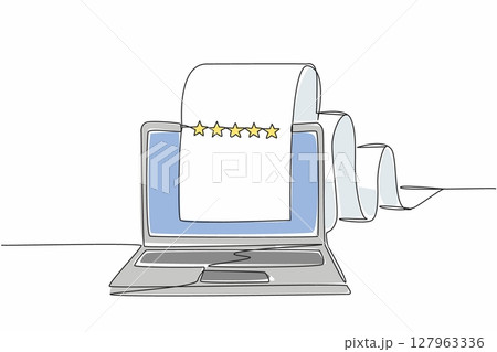 Single continuous line drawing laptop with paper rolling out of the screen to the back. Review page. Providing feedback for quality improvement. Write a Review Day. One line design vector illustration 127963336