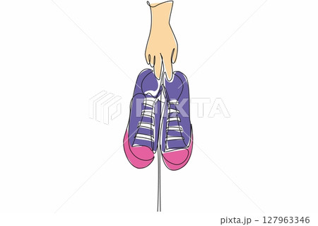 Single continuous line drawing a pair of sneakers held by 2 fingers. Launch of the latest model shoes. Current trends. National Two Different Colored Shoes Day. One line design vector illustration Single continuous line drawing a pair of sneakers held by 2 fingers. Launch of the latest model shoes. Current trends. National Two Different Colored Shoes Day. One line design vector illustration 127963346