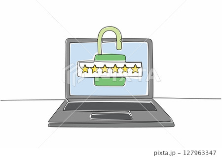 Continuous one line drawing laptop with open padlock logo in the middle of screen. Good information security management. Need password. World Password Day. Single line draw design vector illustration Continuous one line drawing laptop with open padlock logo in the middle of screen. Good information security management. Need password. World Password Day. Single line draw design vector illustration 127963347