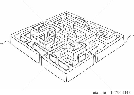 Continuous one line drawing wall labyrinth with several entrances and exits. Full of twists and turns. Calm the mind to find solution. World Labyrinth Day. Single line draw design vector illustration 127963348