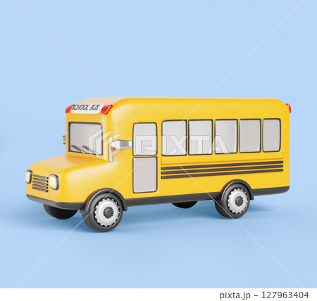 Yellow school bus, city public transport for transportation kids. Cartoon 3d render of autobus, schoolbus for children travel excursion, vehicle side view isolated on blue background. 3D illustration 127963404