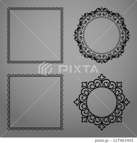 Set of decorative frames Elegant vector element for design in Eastern style, place for text. Floral black and gray borders. Lace illustration for invitations and greeting cards 127963405
