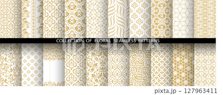 Geometric floral set of seamless patterns. White and golden vector backgrounds. Damask graphic ornaments 127963411