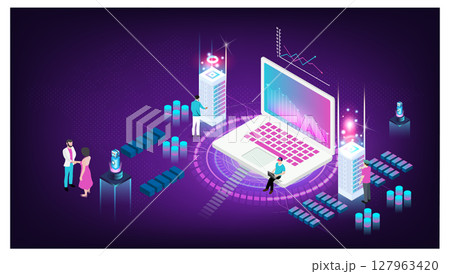 Hosting server, Digital information technologies, Big data flow processing, digital science lab, data center server room, cloud database, web development and programming concept. 127963420