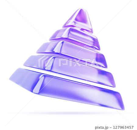 3d glass holographic pyramid render. Abstract geometric shape of five horizontal blocks with light purple gradient. Financial and business infographic icon, Egyptian decoration. 3D illustration 127963457