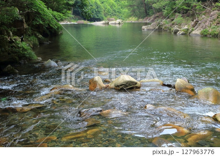 緑に囲まれた山中を穏やかに流れる川 127963776