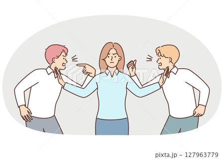 Two men colleagues quarrel over disagreements while female manager eliminates conflict Two men colleagues quarrel over disagreements while female manager eliminates conflict 127963779