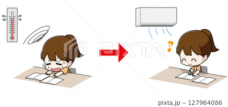 冷房で暑さ対策をした部屋で勉強する女の子のビフォーアフターのイラスト 127964086