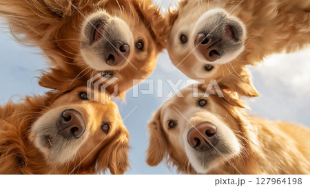 Golden dogs gather round and gaze at the camera 127964198