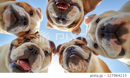 Bulldogs attentively gazing at the camera outdoors 127964215
