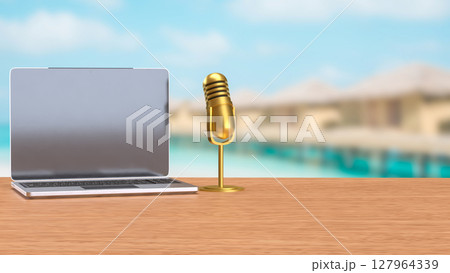 The Laptop and microphone for Pod cast or social media 3d render. 127964339